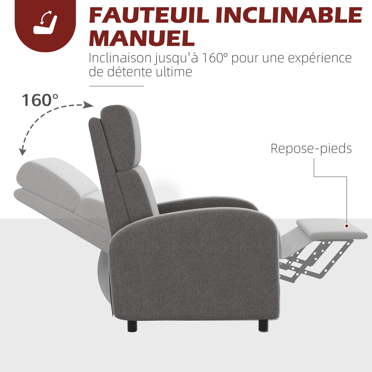 Relaxfauteuil – Relaxstoel – Loungefauteuil – Verstelbare Fauteuil – Zithoekstoel – Verstelbare Rugleuning 160° – Geïntegreerde Voetensteun – Polyester Linnen-look – Grijs