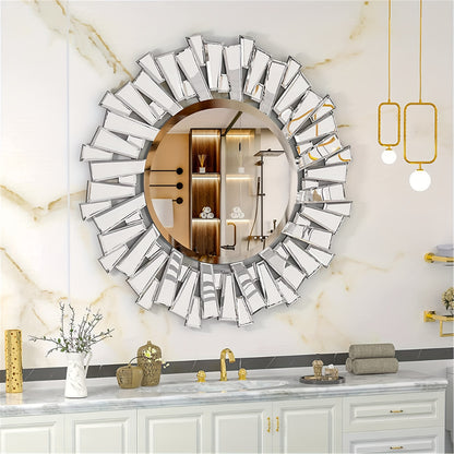 Decoratieve Ronde Spiegel – Wandspiegel – Accentspiegel – Badkamerspiegel – Woonkamer Spiegel – 80x80 cm – Silvery Glas – Zonnestraal Design