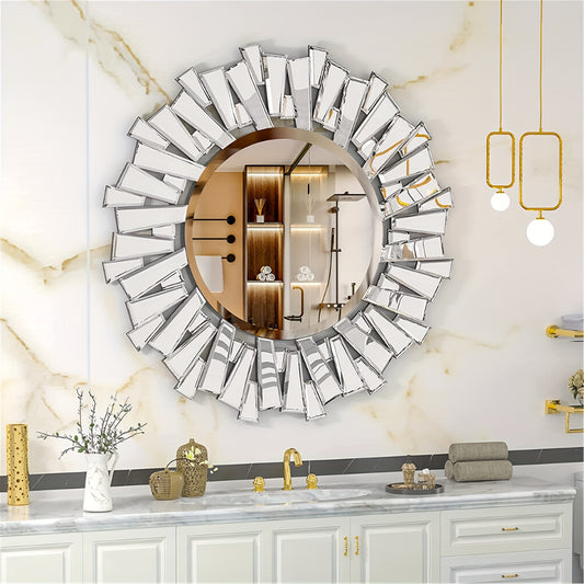 Decoratieve Ronde Spiegel – Wandspiegel – Accentspiegel – Badkamerspiegel – Woonkamer Spiegel – 80x80 cm – Silvery Glas – Zonnestraal Design