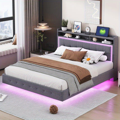 Bedframe – Ledikant – Slaapkamerset – Boxspring – Tweepersoonsbed – Grijs Linnen – Zacht Hoofdbord – Verborgen Poten – Modern Design – 160x200 cm Stabiel