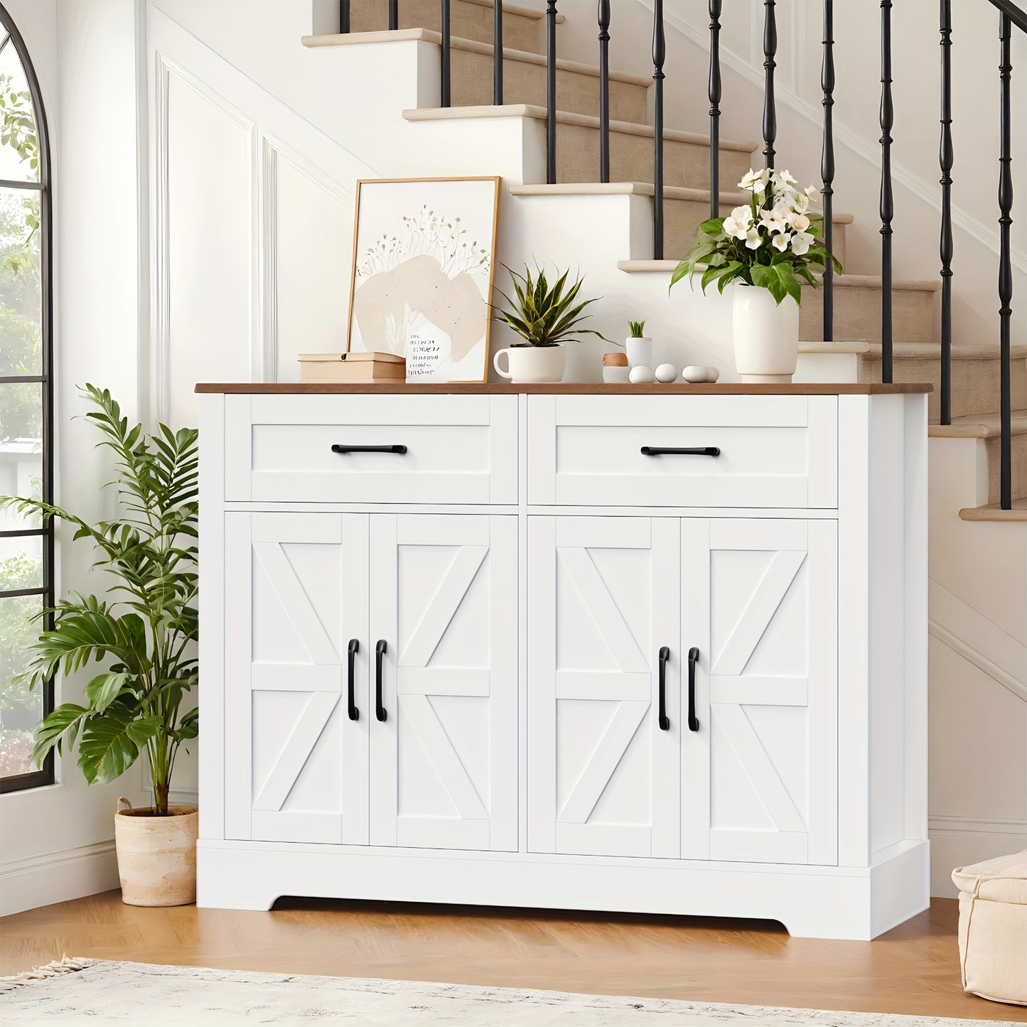 Sideboard – Dressoir – Buffetkast – Opbergkast – Wit/Bruin – 120x40x87 cm – 2 Lades & 4 Deuren – Houtlook Spaanplaat