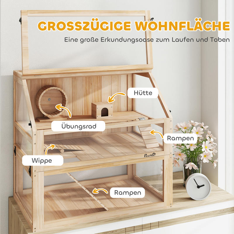 Houten Hamsterkooi – Hamsterkooi 3-laags – Hamsterverblijf – Knaagdierkooi – Kleine Huisdieren Kooi – Ruim 3-niveaus Met Trap – Natuurlijk Zacht Hout & Ventilatierooster – 80x50x76 cm, Geïntegreerd Loopwiel, Scharnierend Deksel