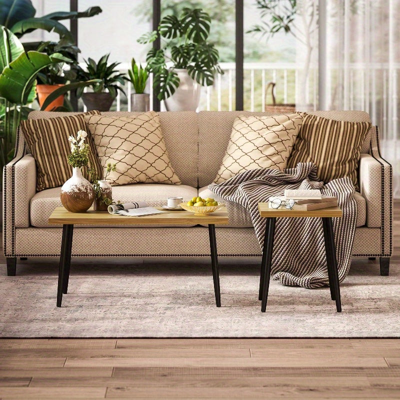 Salontafel Set – Bijzettafel – Lounge Tafel – Tafeltje – Zithoek Tafeltje – Verstelbare Hoogte – Stalen Frame Zwart