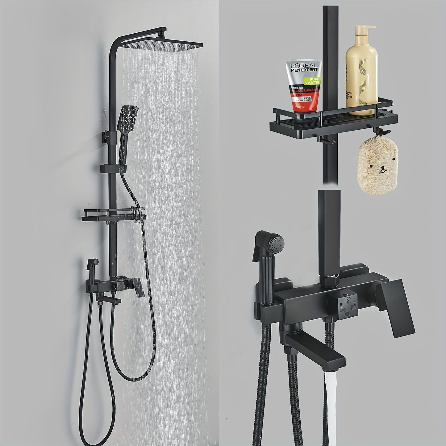 Zwart Douche Systeem – Douche Set – Handdouche – Regendouche – Badkuipsproeier – Matzwart Design – Messing Materiaal – Wandmontage