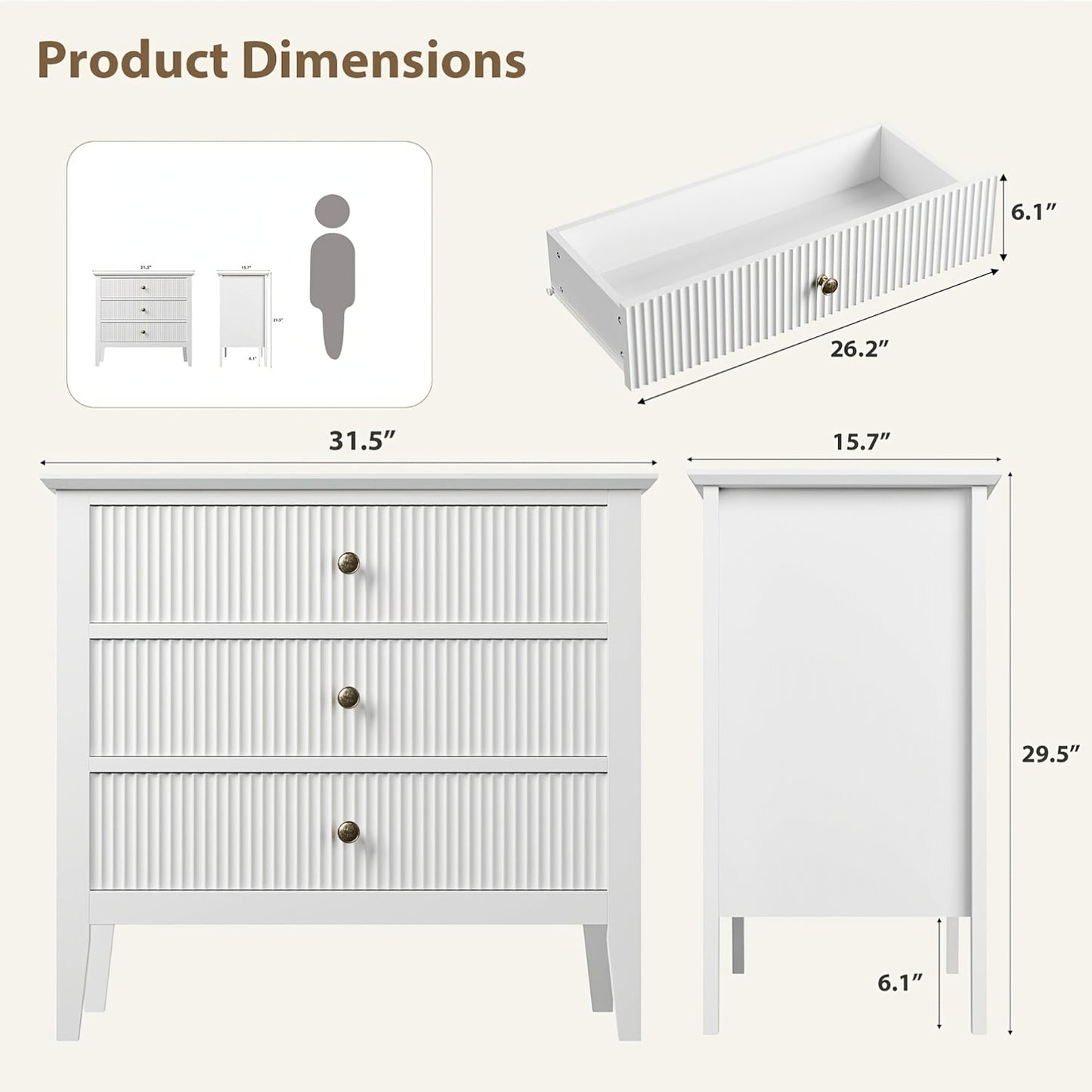3 Drawer Fluted Dresser | 80.01 cm Wide, Modern Wood Chest of Drawers, Large Painted Nightstand for Bedroom, Closet, Hallway, Entryway, Towallmark