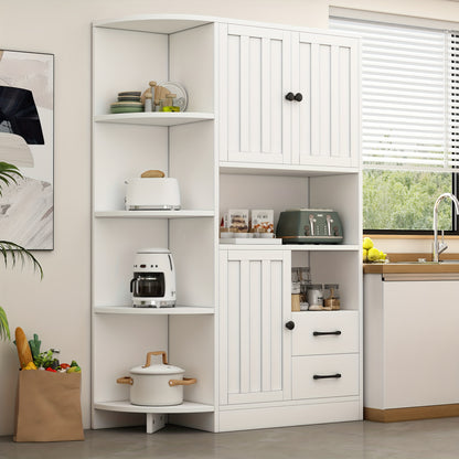 White Modern Corner Storage Cabinet with 3 Cabinets & 2 Drawers - Space-Saving Tall Bookshelf with Open Shelves & Closed Storage, Freestanding Floor Cabinet for Living Room, Hallway, Entryway - Easy Assembly, Classic Design,