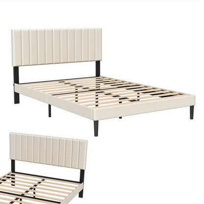 Bedframe – Gestoffeerd Bed – Slaapkamerbed – Platformbed – Fluwelen Bed – Beige Fluwelen Bekleding – Houten Lattenbodem – 90x200 cm