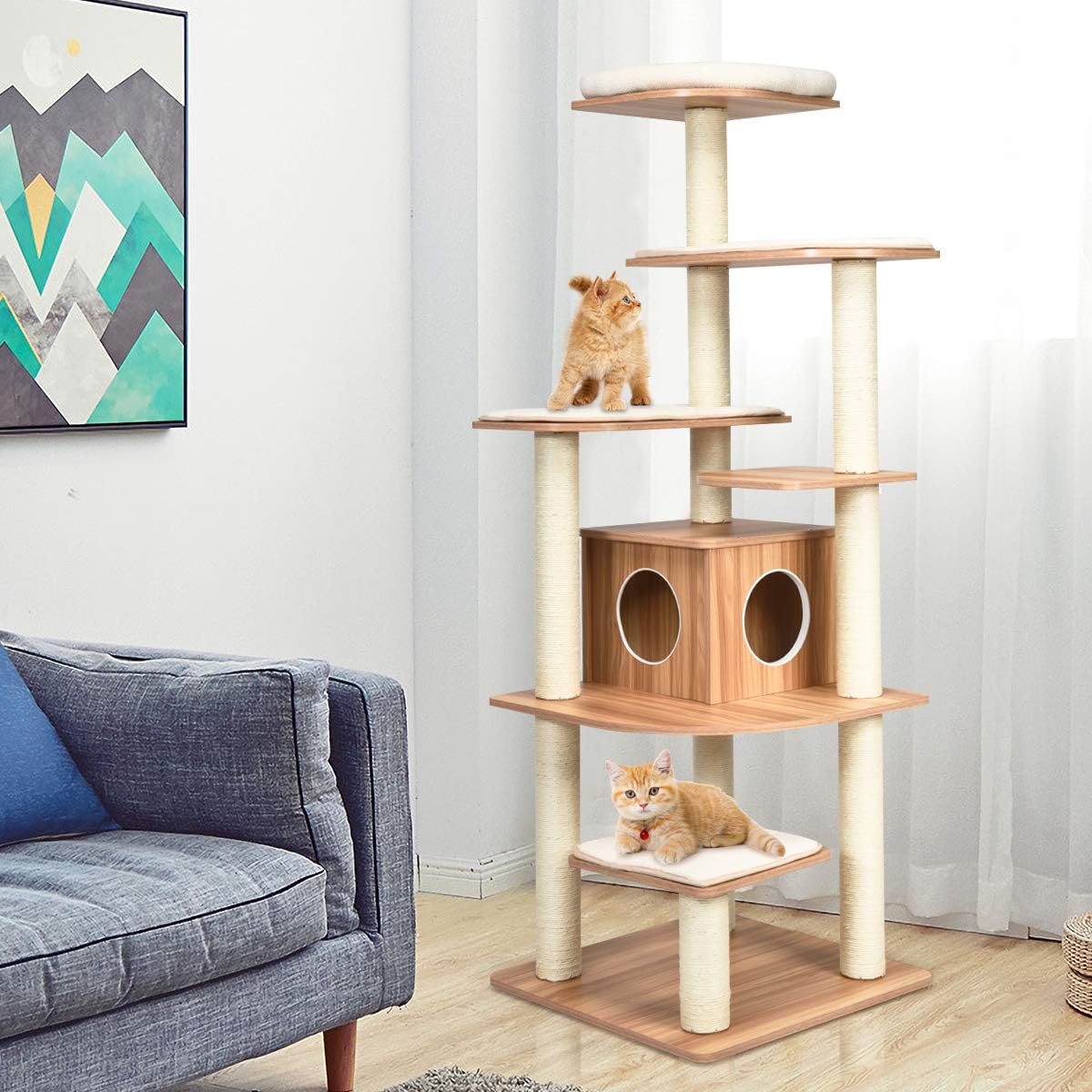 Krabpaal – Kattentoren – Klimmeubel – Krabmeubel – Kattenmeubel – 6 Lagen Met Kattenhol – 175 cm Hoog – Stevig Sisal – Zachte Wasbare Stoffen