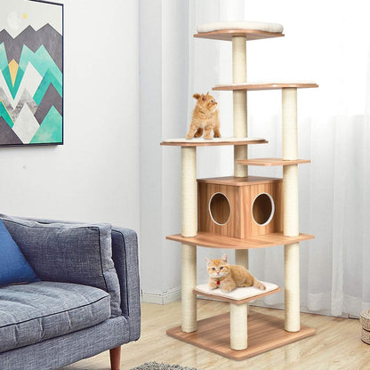 Krabpaal – Kattentoren – Klimmeubel – Krabmeubel – Kattenmeubel – 6 Lagen Met Kattenhol – 175 cm Hoog – Stevig Sisal – Zachte Wasbare Stoffen