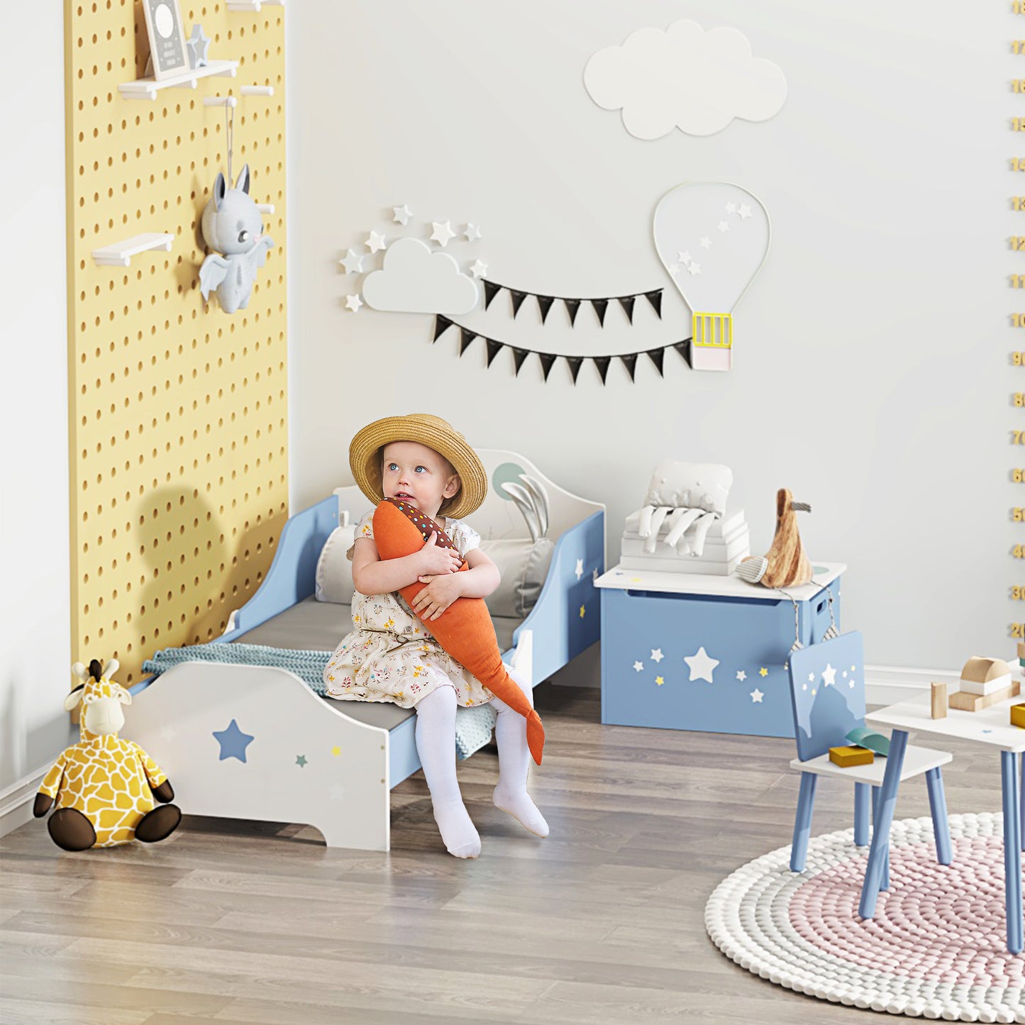 Kinderbed – Peuterbed – Vloerbed – Bed Voor Kinderen – Kinderbed Met Spijlenbodem – Laag Kindvriendelijk Bed – Sterrenprint Blauw Wit – 143x74 cm – Veilig En Duurzaam MDF