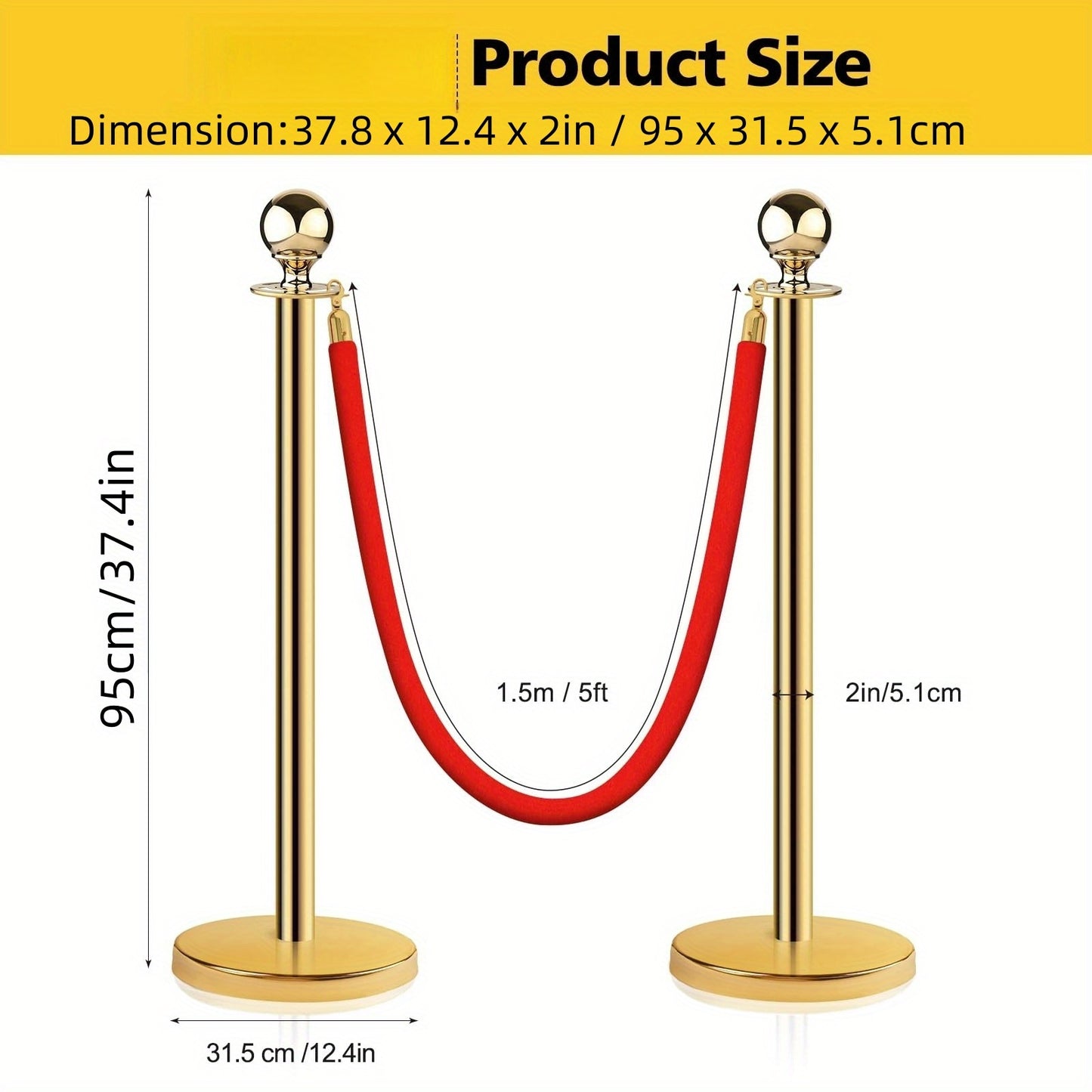 Afzetpaal – Afzetpalen – Afzetpaaltjes – Kettingpalen – Afzetkoord – Set Van 8 Gouden Palen – 6 Rode Fluwelen Koorden 152,4 cm