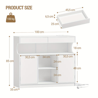 Dressoir – Sideboard – Buffetkast – Opbergkast – Keukenkast – Met Ingebouwde Stekkerdoos – LED-verlichting – 2 Laden – 2 Deuren – Verstelbare Planken – Wit – 30x100x85 cm