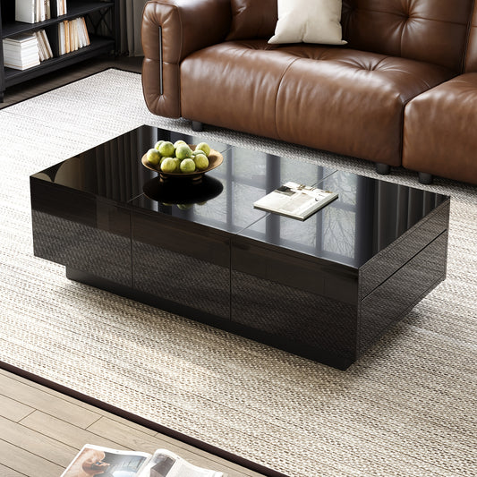 Modern High-Gloss Black Coffee Table with Drawers and Sliding Shelves | Rectangular Living Room Table with Ample Storage Space, Stylish Design, and Easy-to-Clean Surface