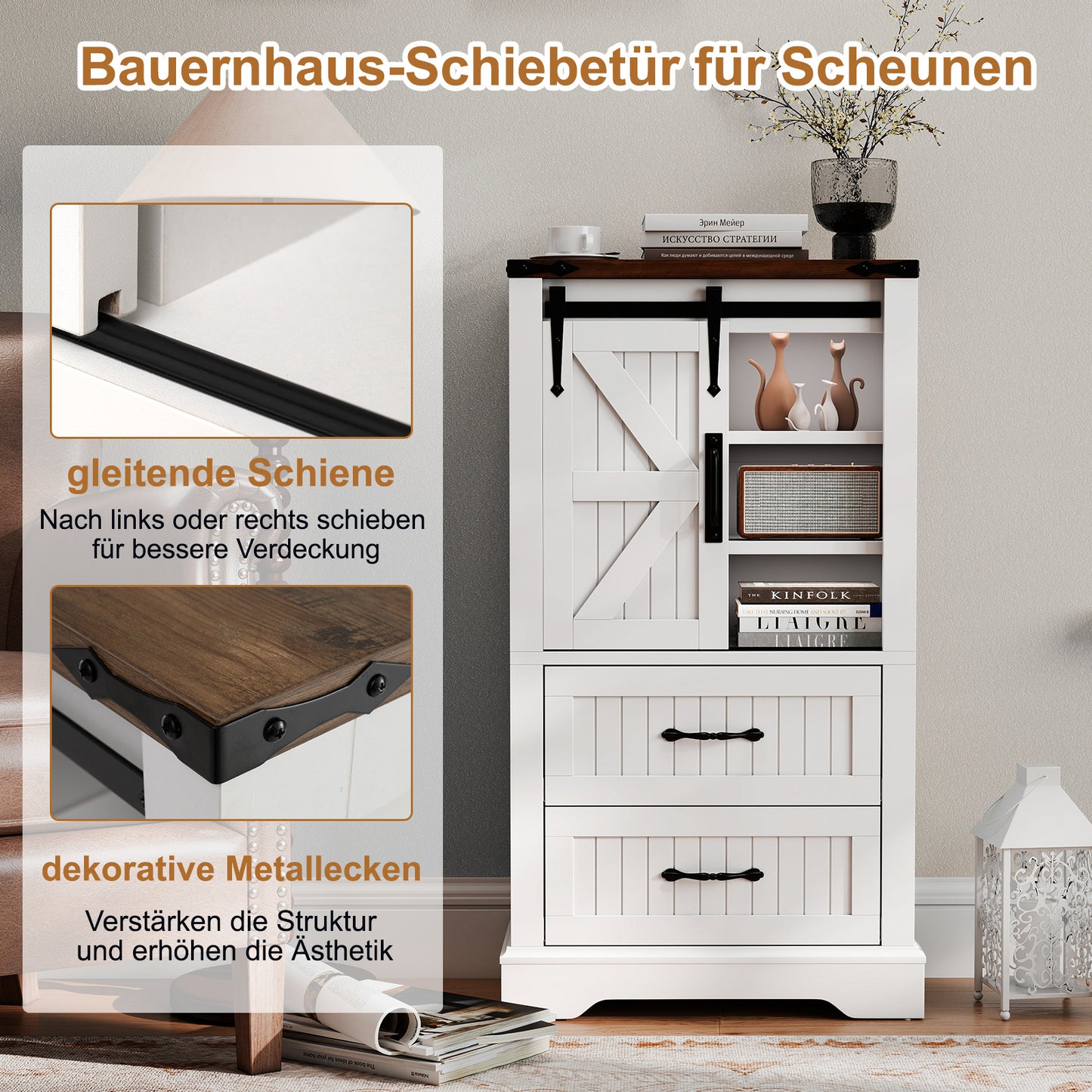 Badmeubel Vrijstaand – Badkamerkastje – Opbergkast – Kastje Met Lade – Badkamermeubel Landelijk – Schuifdeur Barn Door – Verstelbare Planken – Stevig MDF Hout 59x29x105 cm