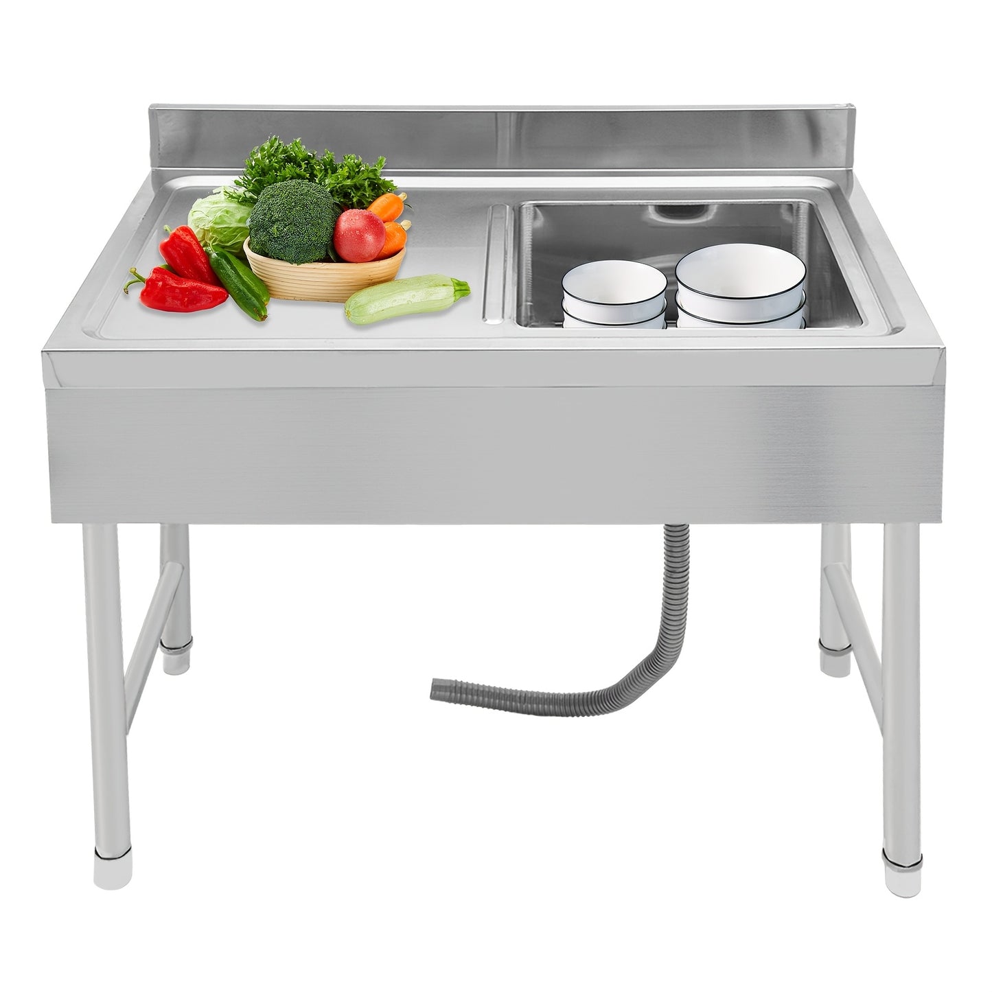 Vrijstaande RVS Spoeltafel – Keukentafel – Werktafel – Industriële Wasbak – Spoelbak – Roestvrij Staal – Verstelbare Poten – Ingebouwde Afvoer 11 cm
