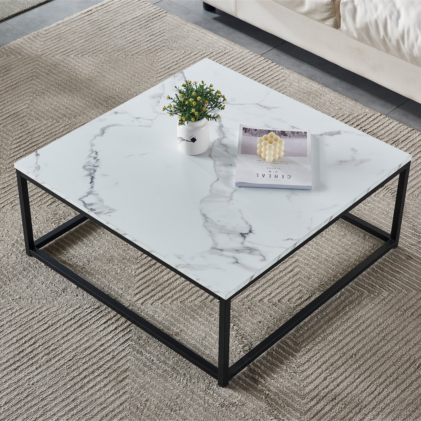 Salontafel – Koffietafel – Tafeltje – Woonkamertafel – Bijzettafel – Zwart – Marmerlook MDF – Industrieel Design – 80x80x34 cm – Stevig Metalen Frame – Eenvoudig Montuur