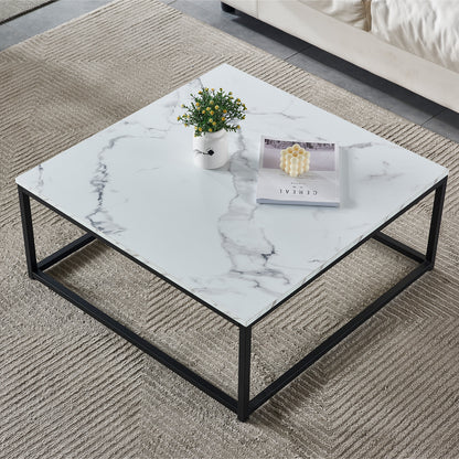 Salontafel – Koffietafel – Tafeltje – Woonkamertafel – Bijzettafel – Zwart – Marmerlook MDF – Industrieel Design – 80x80x34 cm – Stevig Metalen Frame – Eenvoudig Montuur