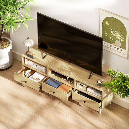 Tv-meubel – Televisiekast – Mediameubel – TV Kast – TV Dressoir – Houtlook Spaanplaat – 140x34x45 cm – Kabelbeheer – 3 Laden & 3 Open Vakken
