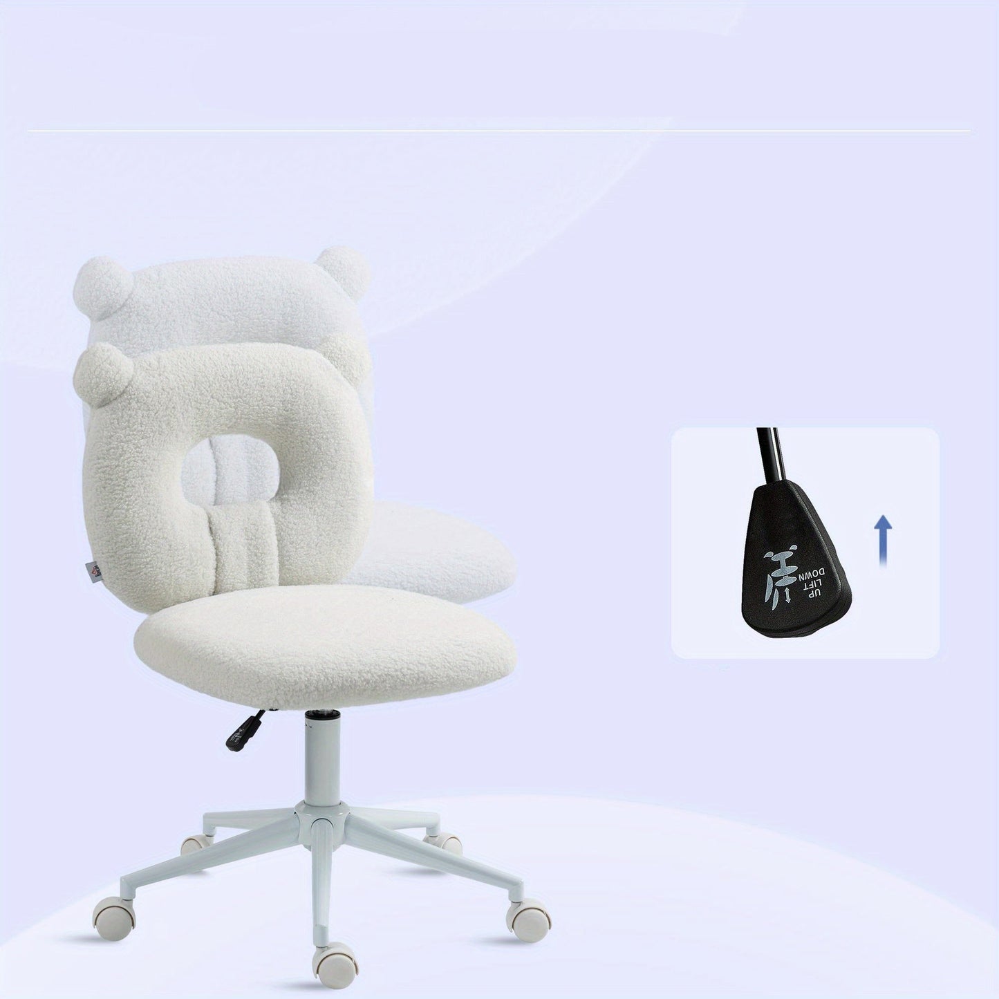 Bureaustoel – Bureaustoel Zonder Armleuningen – Draaistoel – Werkstoel – Computestoel – Wit Polyester Met Teddy Design – 360° Draaibaar – Hoogte Verstelbaar