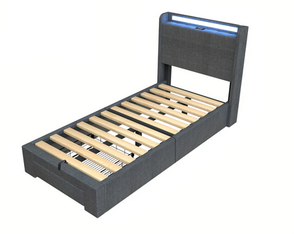 Bedframe – Gestoffeerd Bed – Opbergbed – Slaapbank – Platformbed – 90x200 cm – Hydraulische Lift Ottomane – USB LED Verlichting