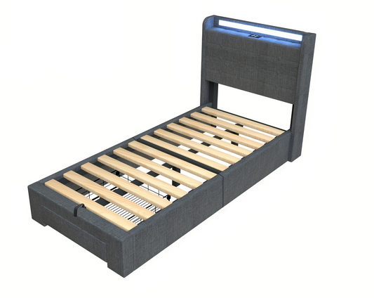 Bedframe – Gestoffeerd Bed – Opbergbed – Slaapbank – Platformbed – 90x200 cm – Hydraulische Lift Ottomane – USB LED Verlichting