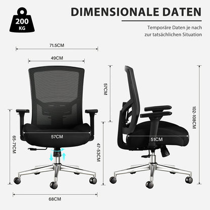 Bureaustoel – Office Chair – Computerstoel – Kantoorstoel – Ergonomische Stoel – Verstelbare Lendensteun & Armleuningen – Draagkracht 200 kg – Mesh Design Zwart