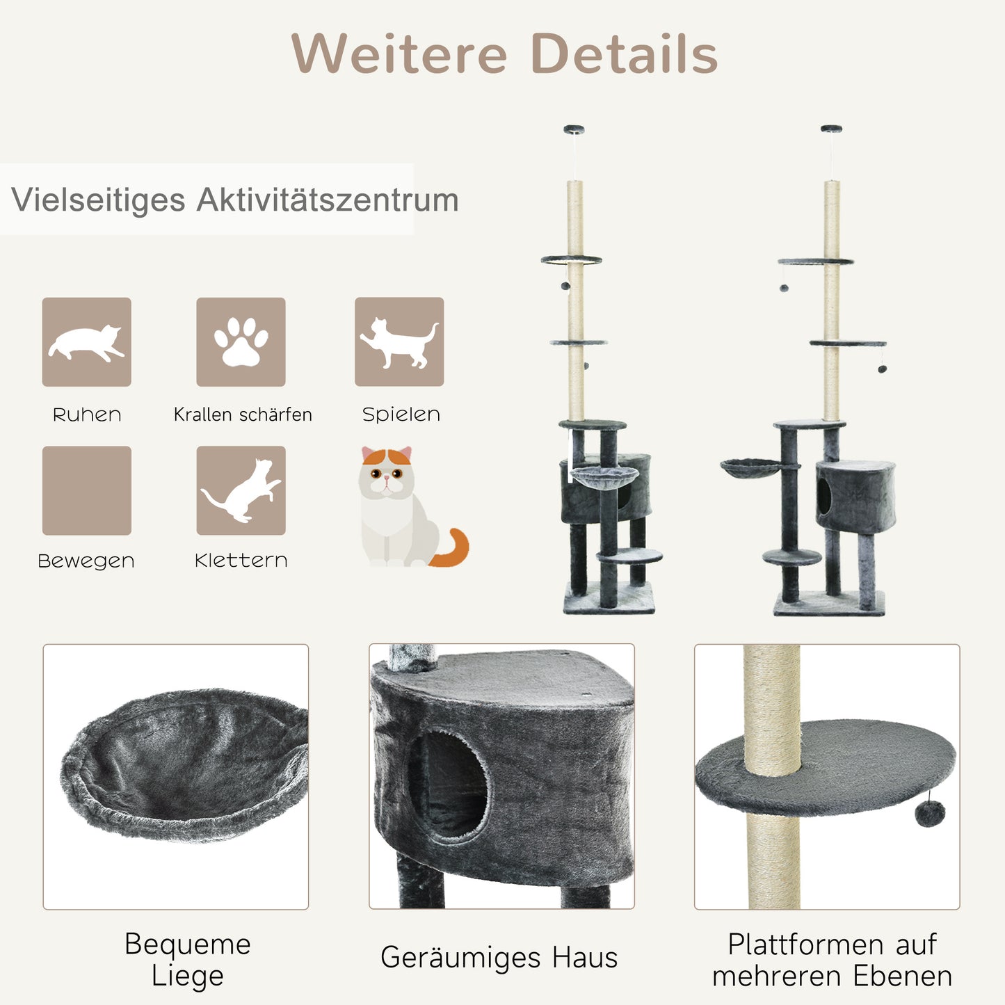 Kattenklimtoren – Krabpaal – Klimtoren – Kattenboom – Speelparadijs – Donkergrijs – Verstelbare Hoogte 220-265 cm – Inclusief Kattenhol en Hangmat
