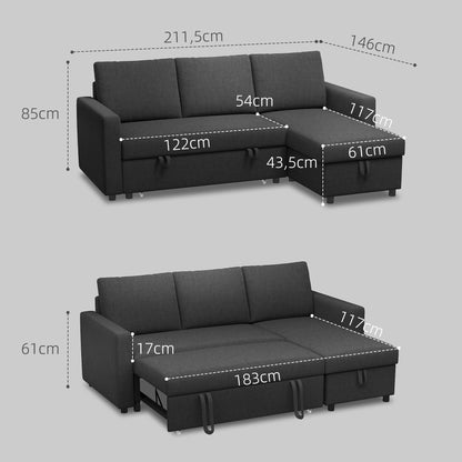Hoekbankbed – Slaapbank – Bedbank – Loungesofa – Hoekbank – Omkeerbare Chaise Longue – Opbergruimte – Zwart Linnenstof