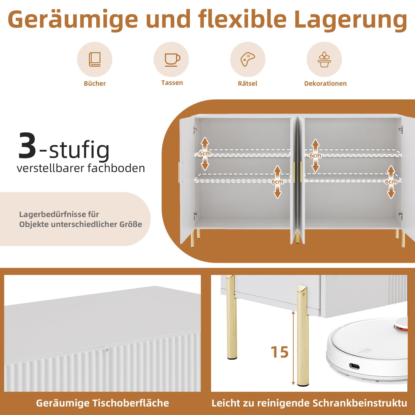 Wit Opbergmeubel – Opbergkast – Dressoir – Ladenkast – Buffetkast – Modern Design – Verstelbare Planken – Gouden Accenten – 160x35x100 cm