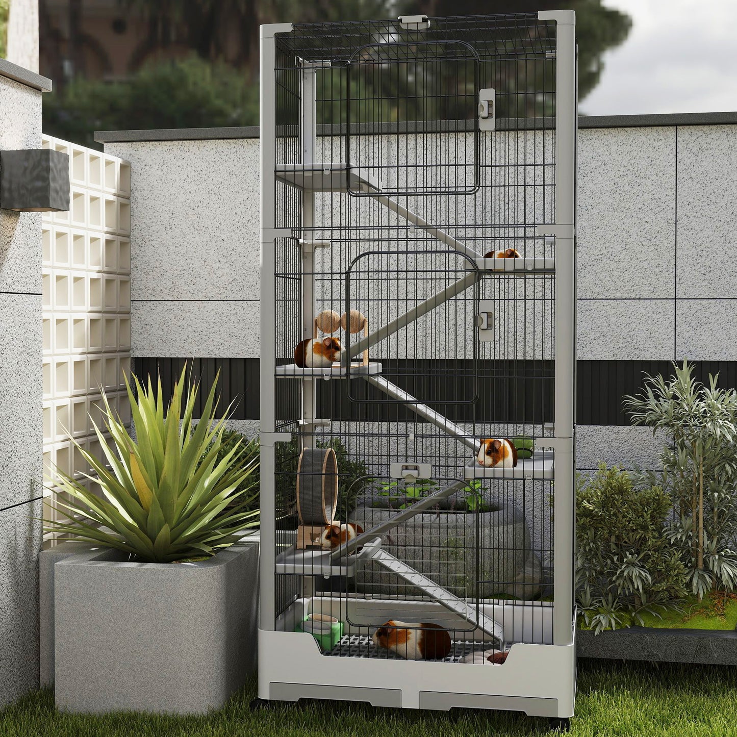 3-Tier Mobile Rabbit Hutch with Removable Ramp & Wheels - Durable Metal & Plastic Pet Cage for Rabbits, Guinea Pigs, Puppies - Spacious Multi-Level Design with Ventilated Mesh, Easy Assembly, White/Grey (73x50x68cm), Rabbit H