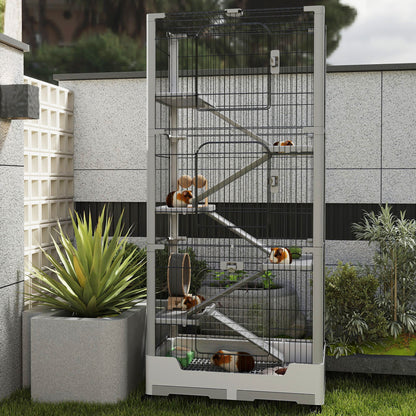 3-Tier Mobile Rabbit Hutch with Removable Ramp & Wheels - Durable Metal & Plastic Pet Cage for Rabbits, Guinea Pigs, Puppies - Spacious Multi-Level Design with Ventilated Mesh, Easy Assembly, White/Grey (73x50x68cm), Rabbit H