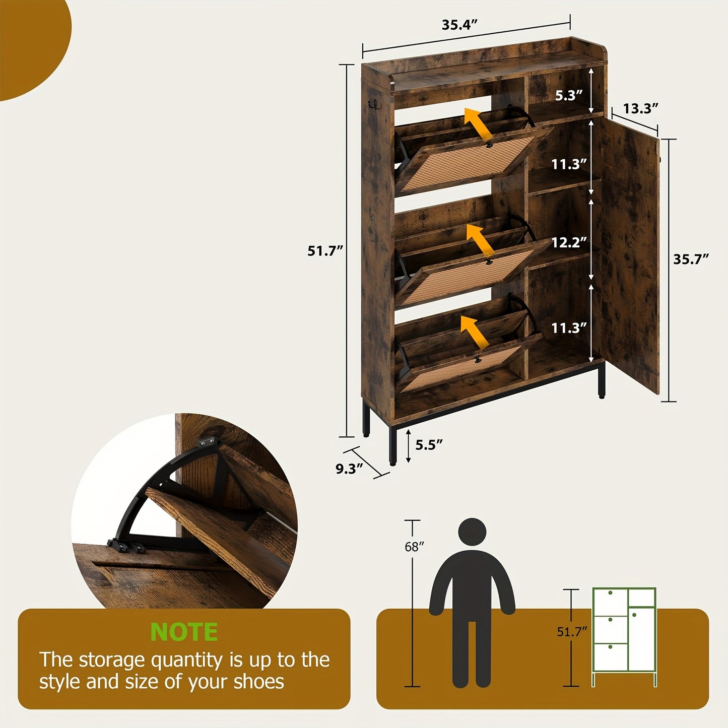 Schoenenkast – Schoenenrek – Schoenenopberger – Schoenmeubel – Schoenenkast Vrijstaand – 3 Kantelvakken – Geen Montage – Stevig Houten Frame