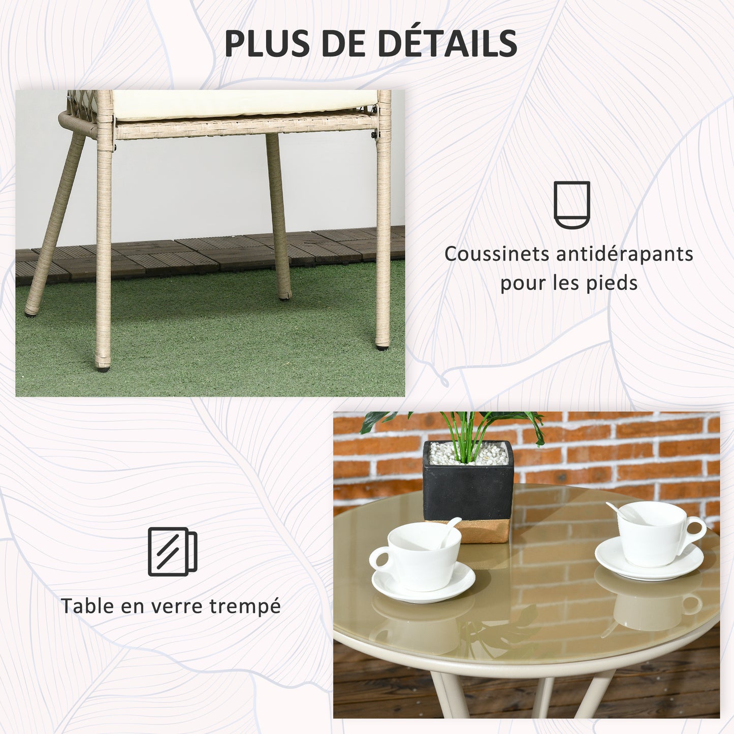 Bistroset – Tuinset – Balkonset – Tuintafelset – Buitenmeubelset – 3-delig – Met Kussens – Ronde Tafel Met Gehard Glas – Weerbestendig Rattan Effect – Beige