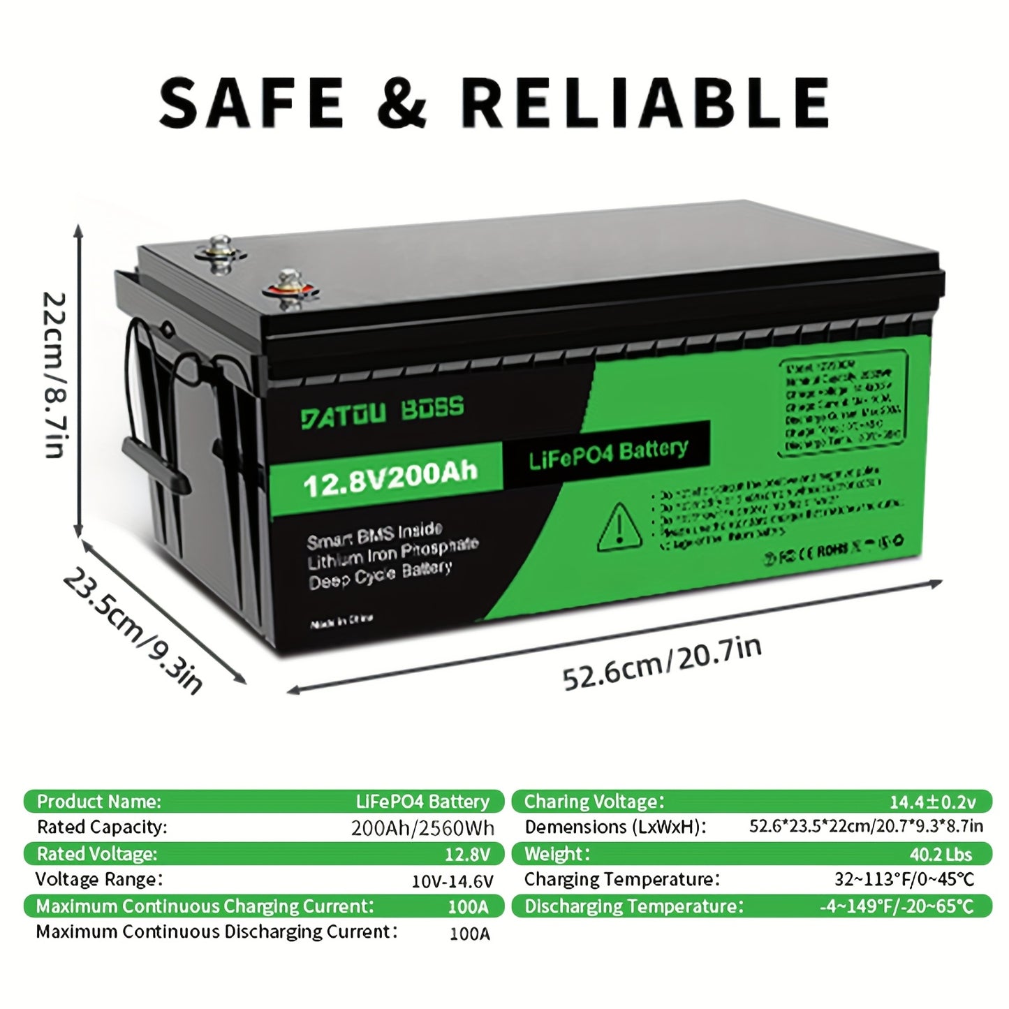 LiFePO4 Accu – Lithium Batterij – Deep Cycle Accu – Solar Accu – RV Batterij – 12,8V 200Ah – 200A BMS Bescherming – Tot 15000 Cyclus Levensduur