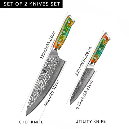 Damascus Kitchen Cooking Knife Set, Ultra Sharp Japanese VG-10 Steel with Resin Handle, Professional Kitchen Chef Knife Perfect Gift, Fantasy Orange Of YAO Series