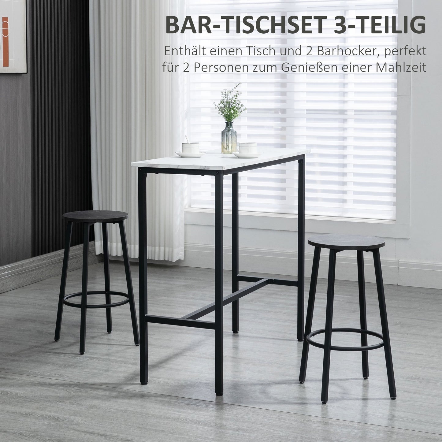 Barset – Barkrukset – Bartoestel – Bartafel – Barmeubel – Wit Marmerlook Tafelblad – Stevig Stalen Frame