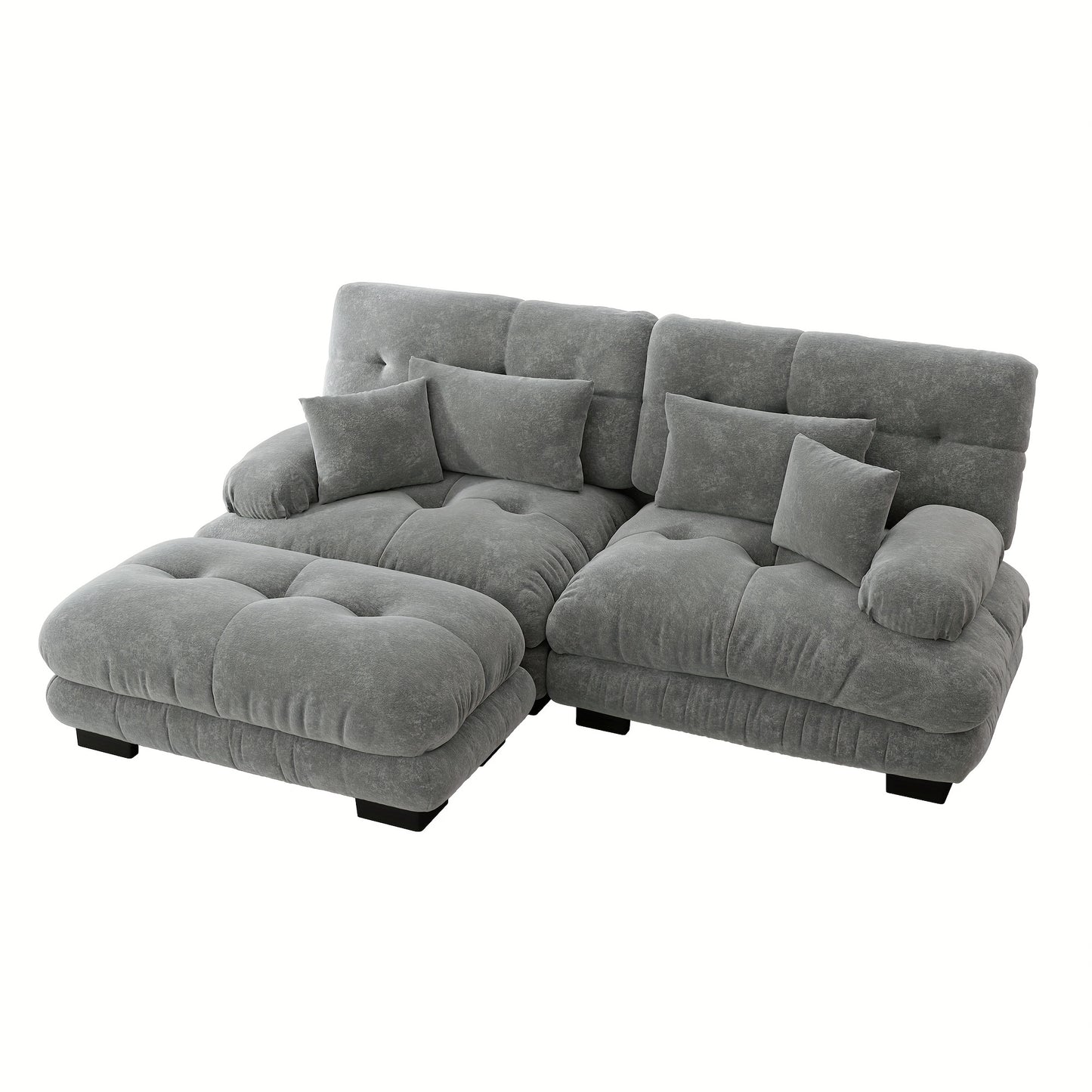 Living Room Cloud Corner Sofa, Chenille Loveseat with 2 Lumbar Cushions And 2 Decorative Pillows, Upholstered Sofa with Wide Armrests And Footstool