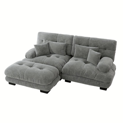 Living Room Cloud Corner Sofa, Chenille Loveseat with 2 Lumbar Cushions And 2 Decorative Pillows, Upholstered Sofa with Wide Armrests And Footstool