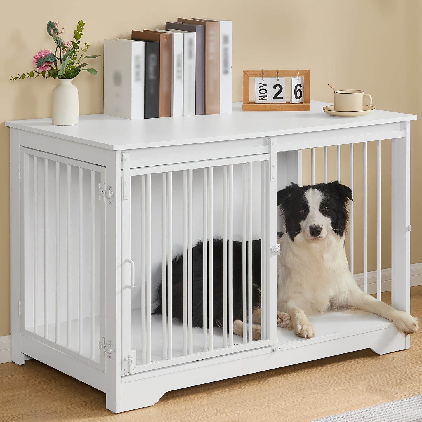Hondenbench – Hondenkooi – Dog Cage – Hondenbox – Huisdierenbench – Modern Design – 2 Deuren & Side Table – Geschikt Tot 100 kg – Wit