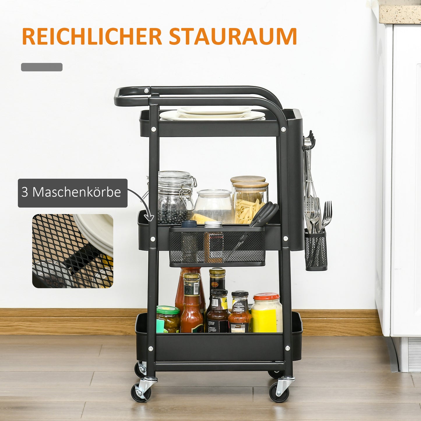 Keukentrolley – Keukenwagen – Serveerwagen – Opbergtrolley – Rolwagen – Met Handdoekhouder – 3 Ruime Mandjes – Stalen Frame Zwart