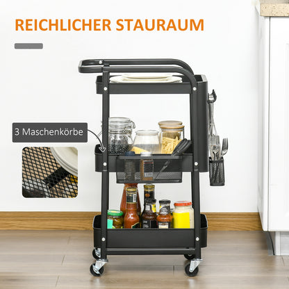Keukentrolley – Keukenwagen – Serveerwagen – Opbergtrolley – Rolwagen – Met Handdoekhouder – 3 Ruime Mandjes – Stalen Frame Zwart
