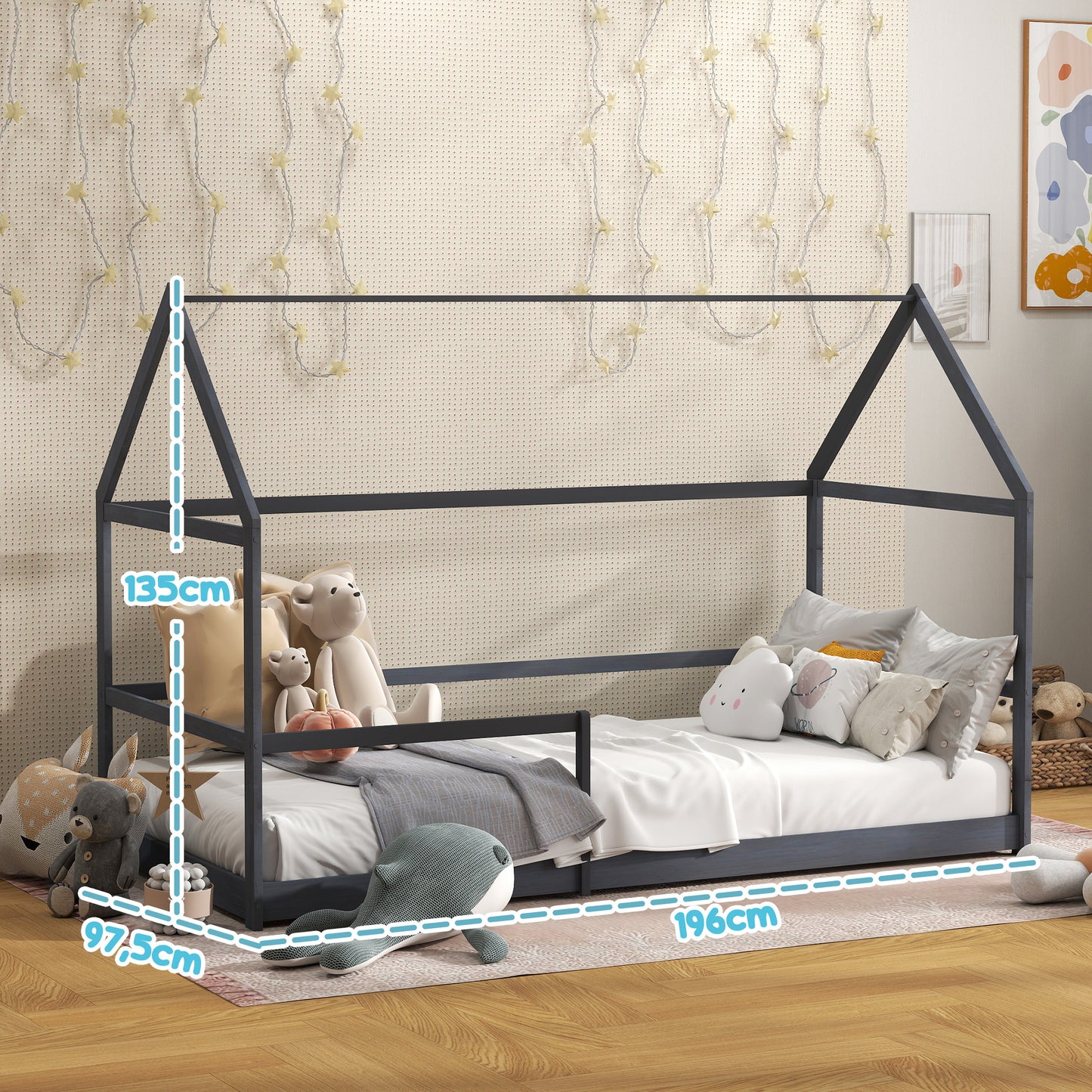 AIYAPLAY Children'S Cabin Bed 90X190 Cm Children'S Bed Children'S House in Wood with Anti-Fall Protection, Slatted Base And Roof Included, Dim. 196L X 97.5L X 135H Cm Grey