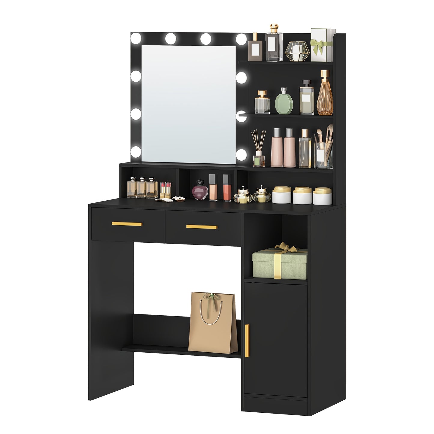 Make-up tafel – kaptafel – schminktafel – make-up bureau – toilettafel – verstelbare LED-verlichting – ruime opbergruimte met lades en kastje – zwart