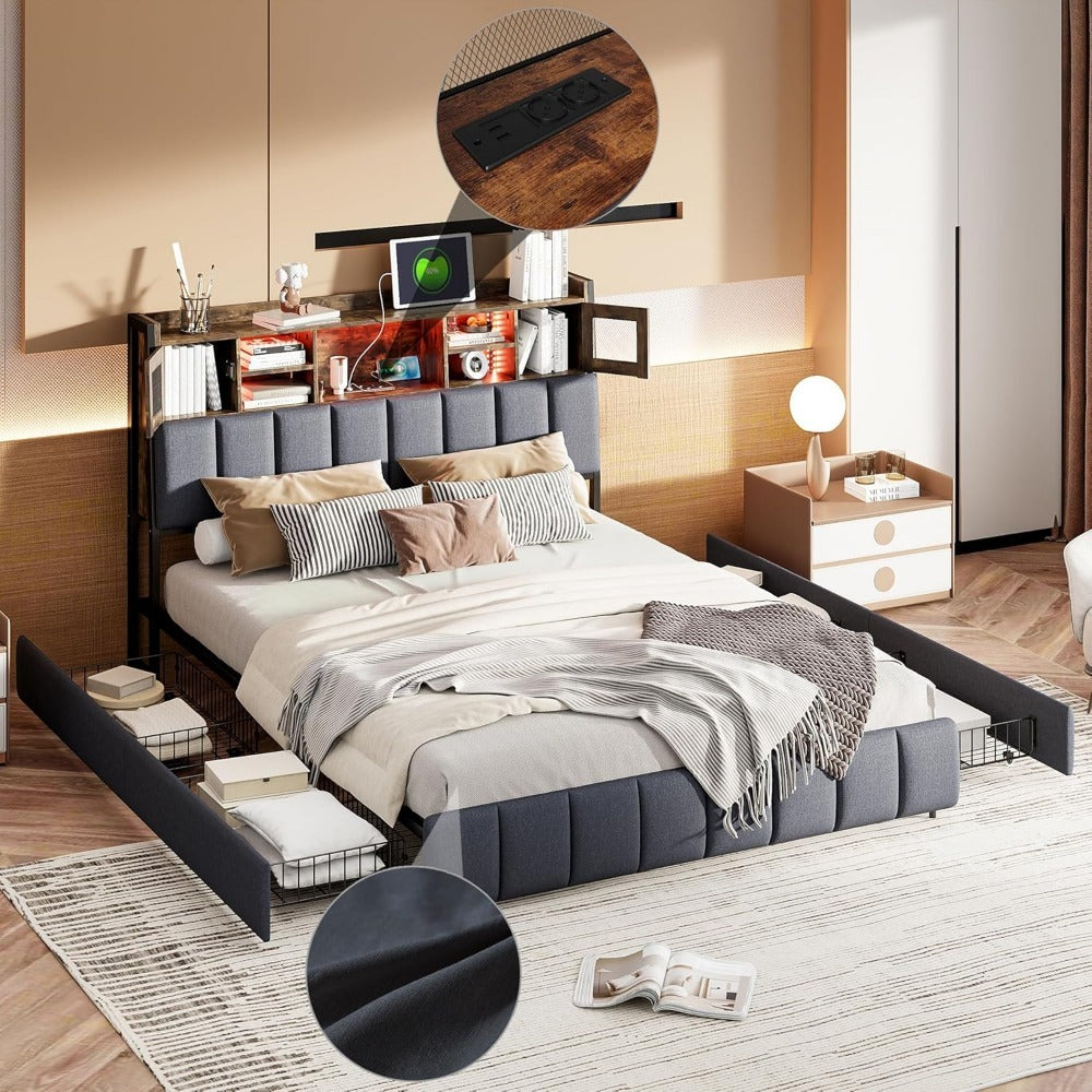 Tweepersoonsbed – Stalen Bedframe – Linnen Bed – Opbergbed – Led Bed – 140x200 cm – USB Aansluiting – 4 Ladevakken