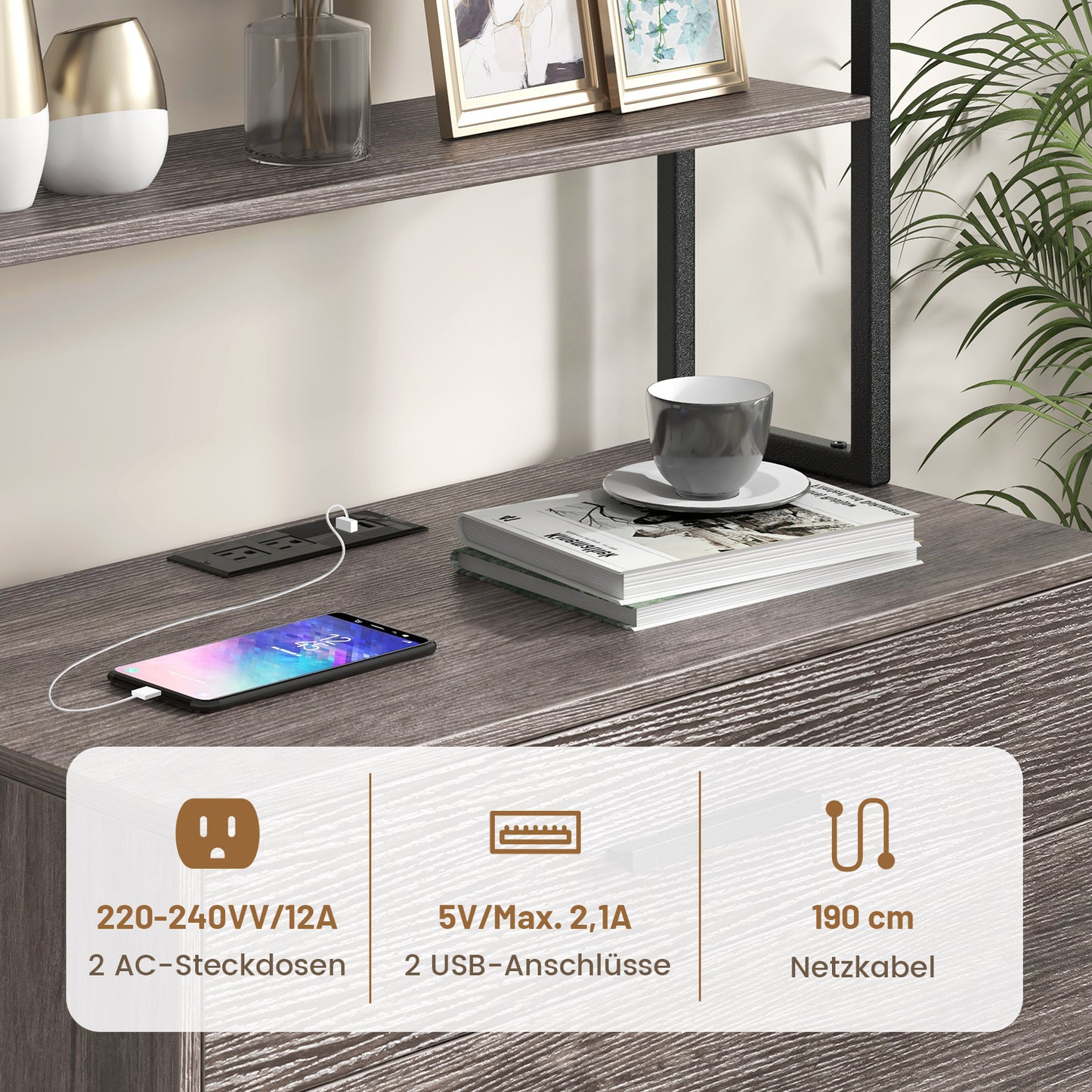 Kantoorkast – Archiefkast – Opbergkast – Boekenkast – Vakkenkast – Industrieel Design – 3 Open Planken & 2 Lades – MDF Met Metaal – 75x40x156 cm – Grijs