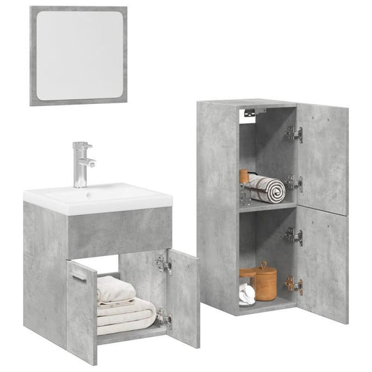 Badkamermeubelset – Badkamerkast – Opbergmeubel – Wasbakmeubel – Badkamermeubilair – 4-delig – Betongrijs – Duurzaam Hardhout – Compact Ontwerp