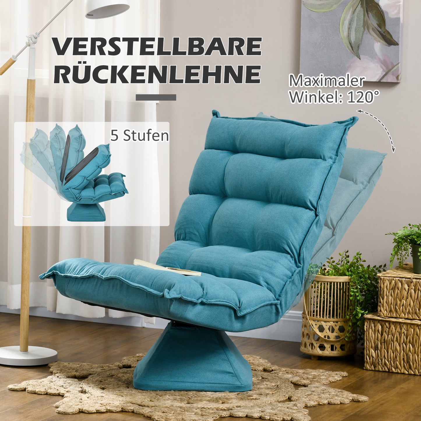Relaxfauteuil – Relaxstoel – Leesstoel – Draaifauteuil – Fauteuil – Fluwelen Bekleding – 360 Graden Draaibaar – Compact Formaat – Blauw