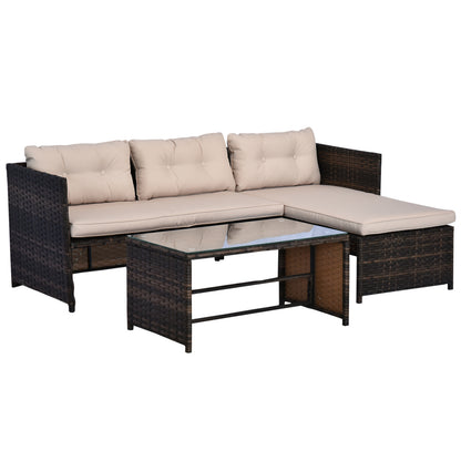 Loungeset – Tuinbank Hoekbank – Loungemobiel – Balkonset – Beige – 4-Persoons Hoekbank Met Chaise Longue – Weerbestendig PE-Rattan Met Glazen Tafelblad