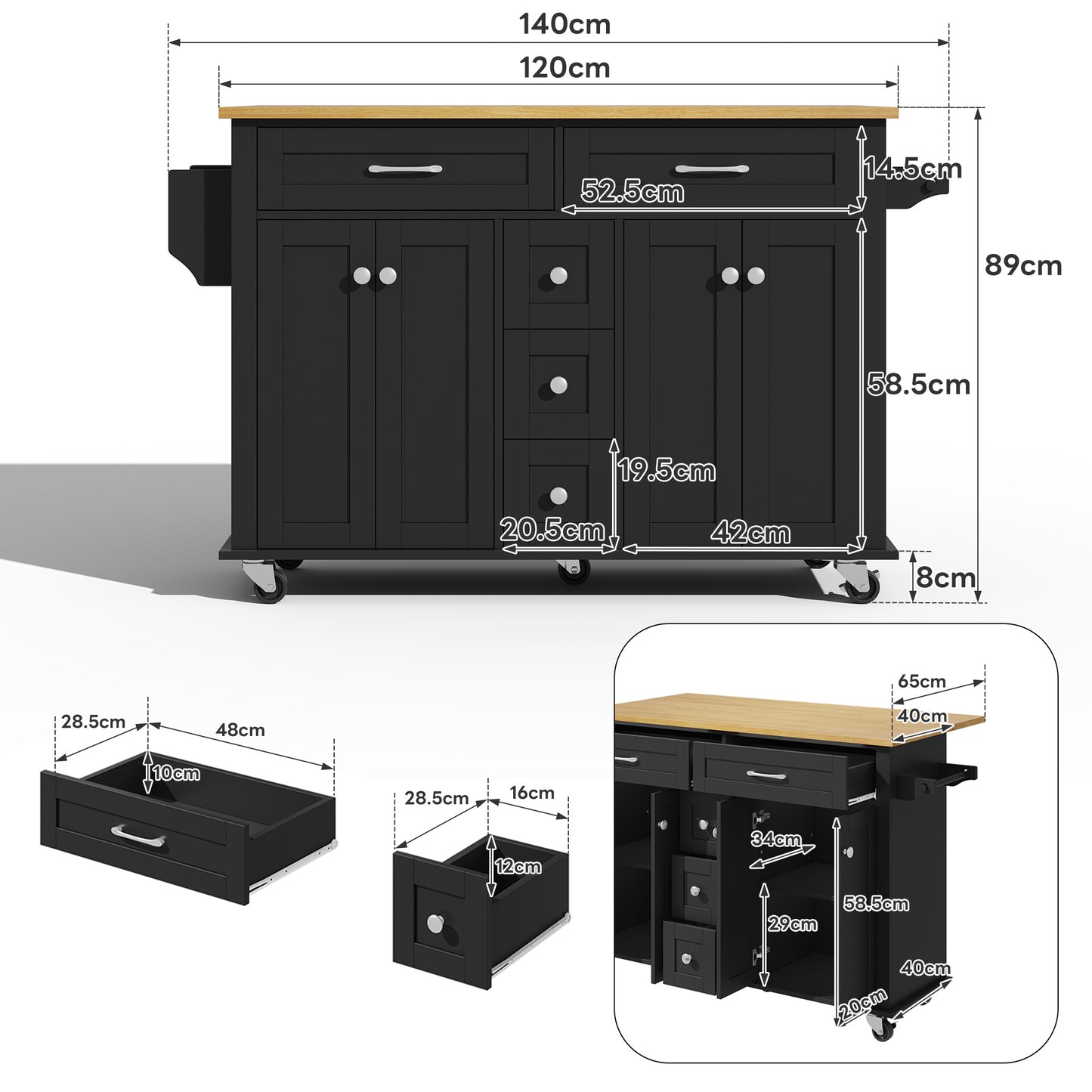 Keukenwagen – Servierwagen – Werktafel – Kantoorwagen – Opbergwagen – Uitklapbaar Werkblad 120×65 cm – 5 Lades & 2 Kasten