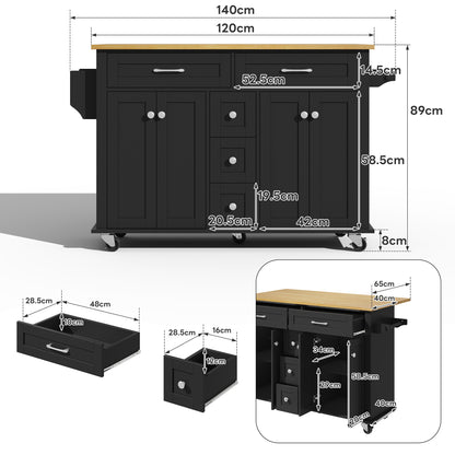 Keukenwagen – Servierwagen – Werktafel – Kantoorwagen – Opbergwagen – Uitklapbaar Werkblad 120×65 cm – 5 Lades & 2 Kasten